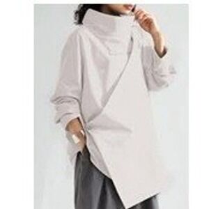 Uoozee Blouse Taupe Asymmetric Mock Neck Minimalist Long Sleeve Top Size M